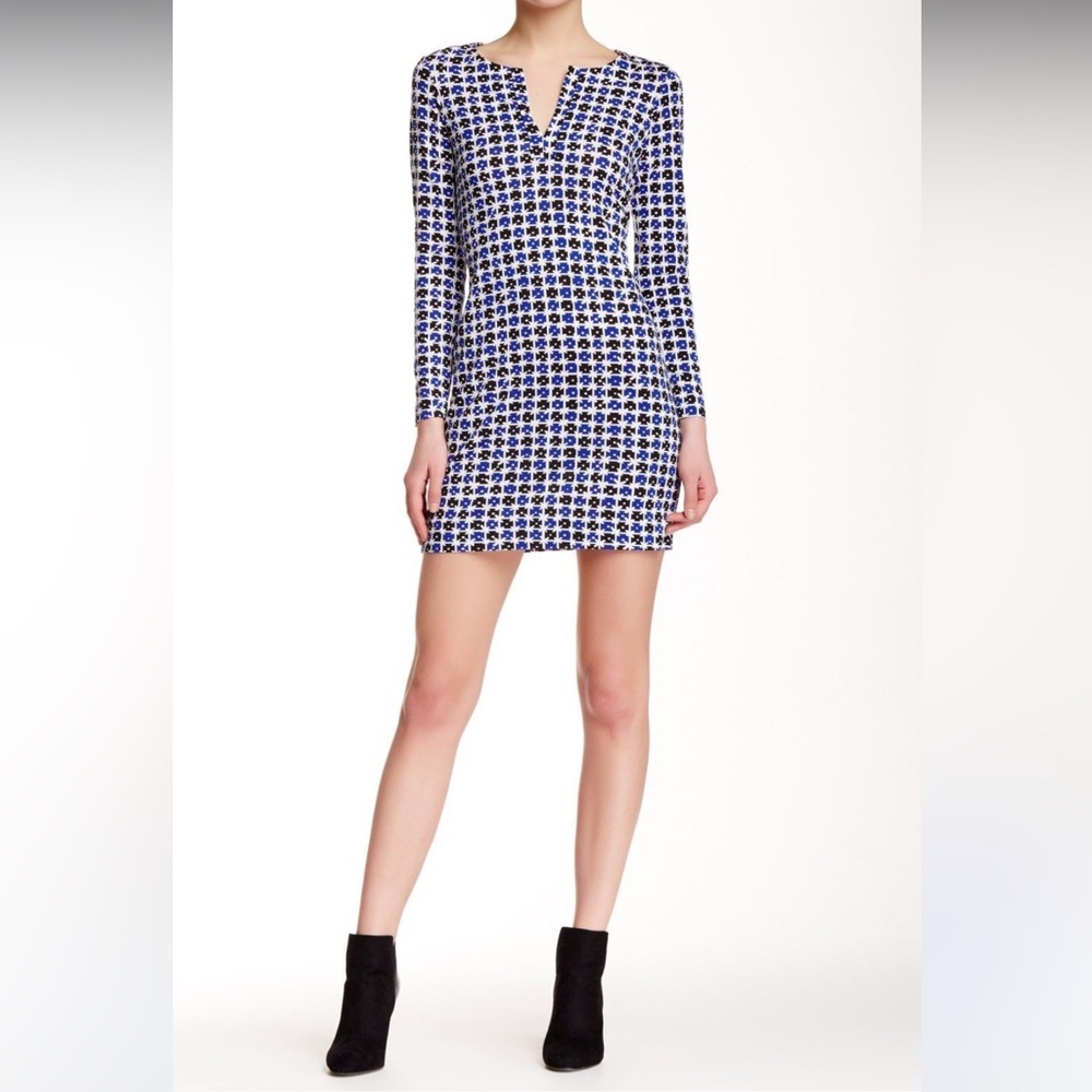 Diane Von Furstenberg Reina Tunic Dress Check‎ Dot Cotton Silk Blue Black White